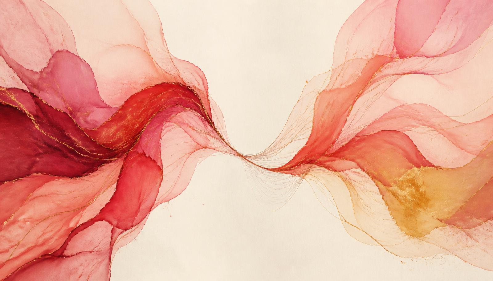 Abstract painted ribbons in crimson, blush and gold reaching towards each other
