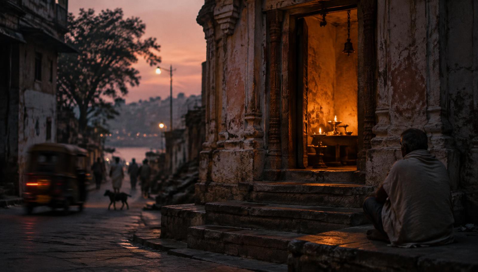 A solitary figure sitting still on the steps of a small temple at dusk, warm lamplight glowing inside the doorway