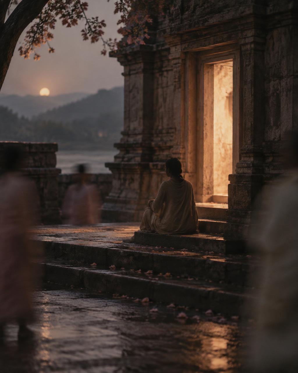 A solitary figure sitting still on the steps of a small temple at dusk, warm lamplight glowing inside the doorway